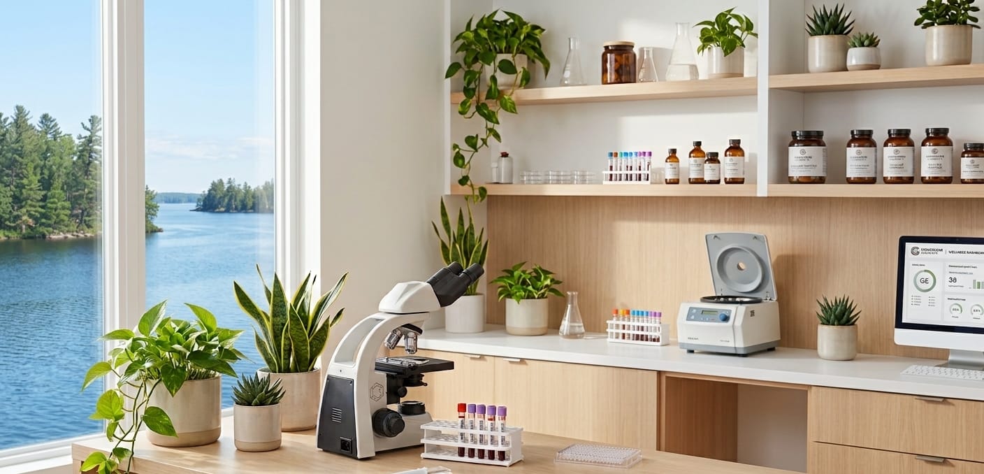 A bright lab bench by a lake window: microscope, sample tubes, a centrifuge and the results screen